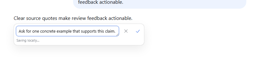 Inline comment editor beside an assistant reply
