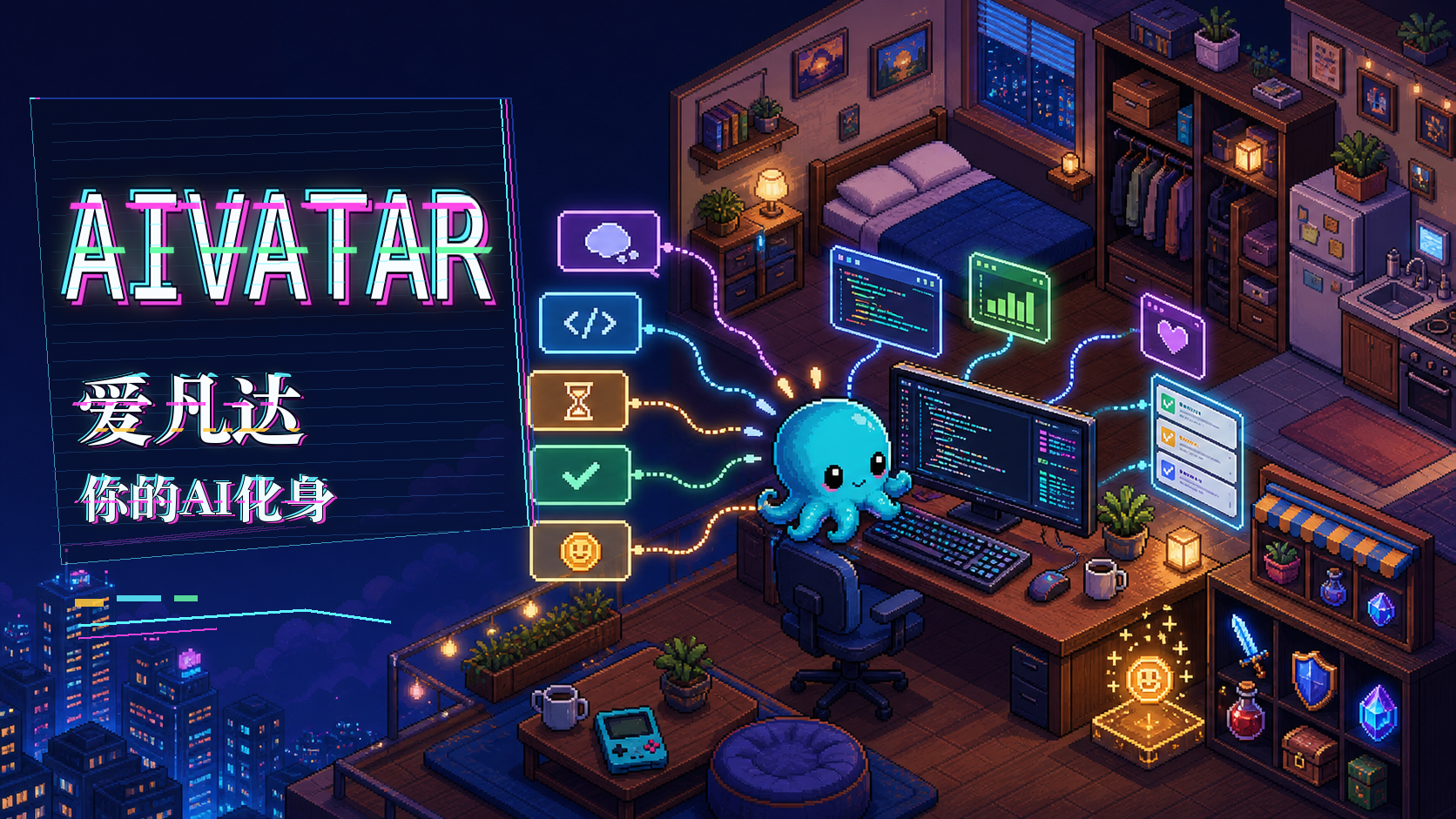 Aivatar promotional pixel room banner