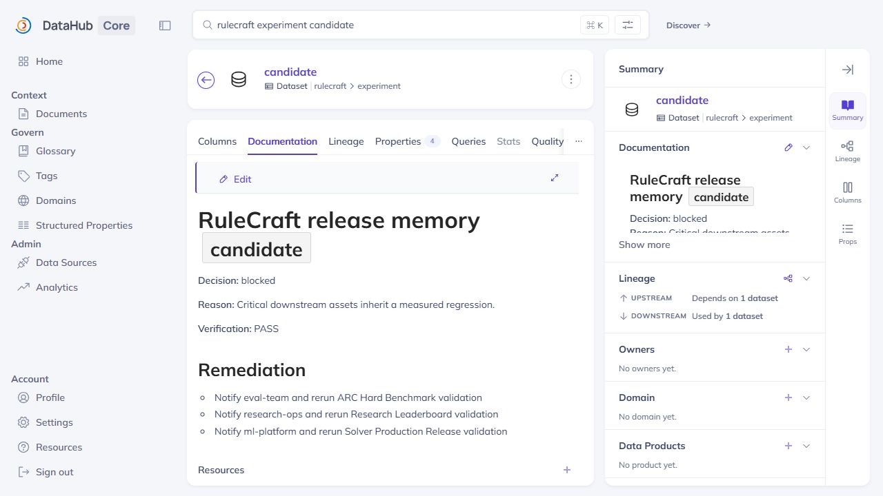 RuleCraft blocked decision, verification PASS, and owner remediation