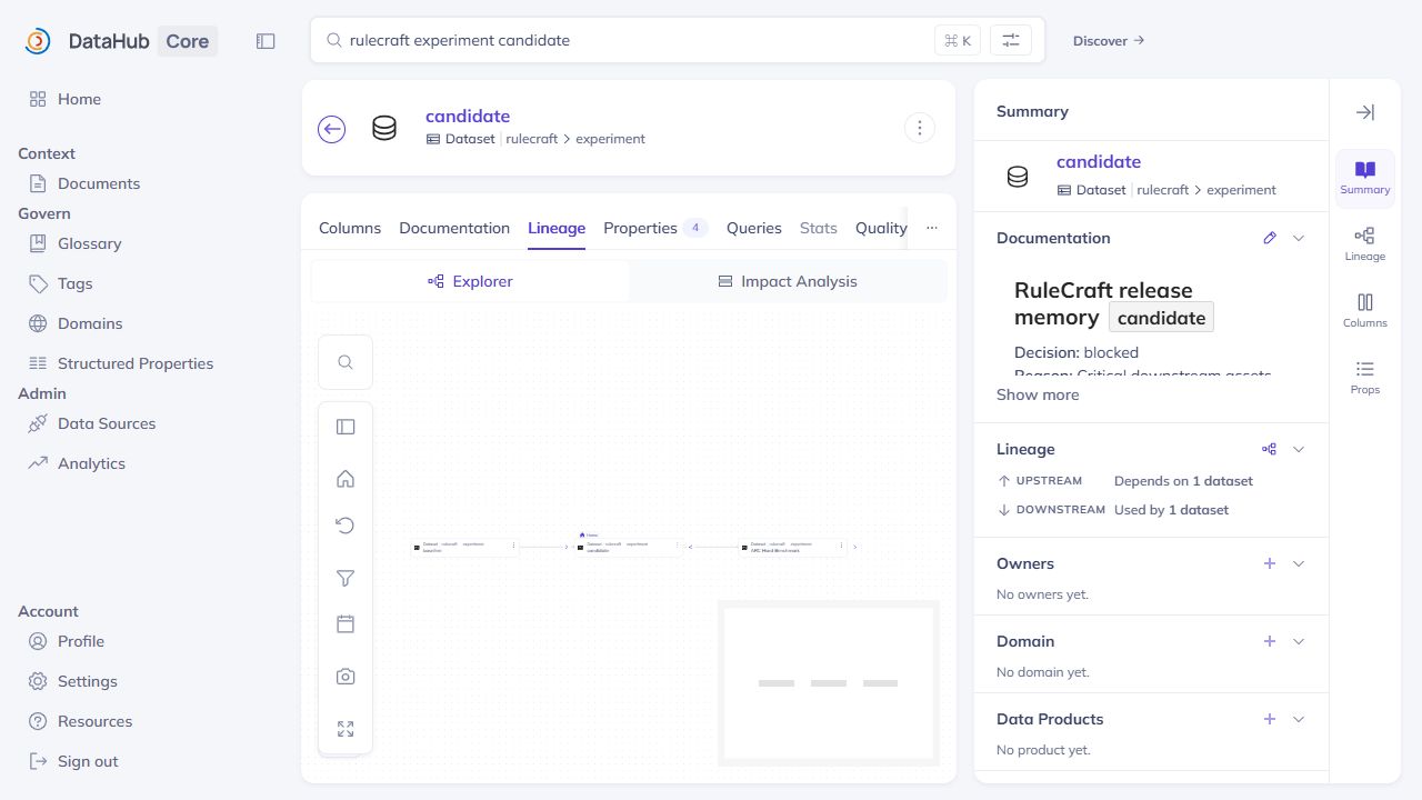 RuleCraft Live DataHub downstream lineage