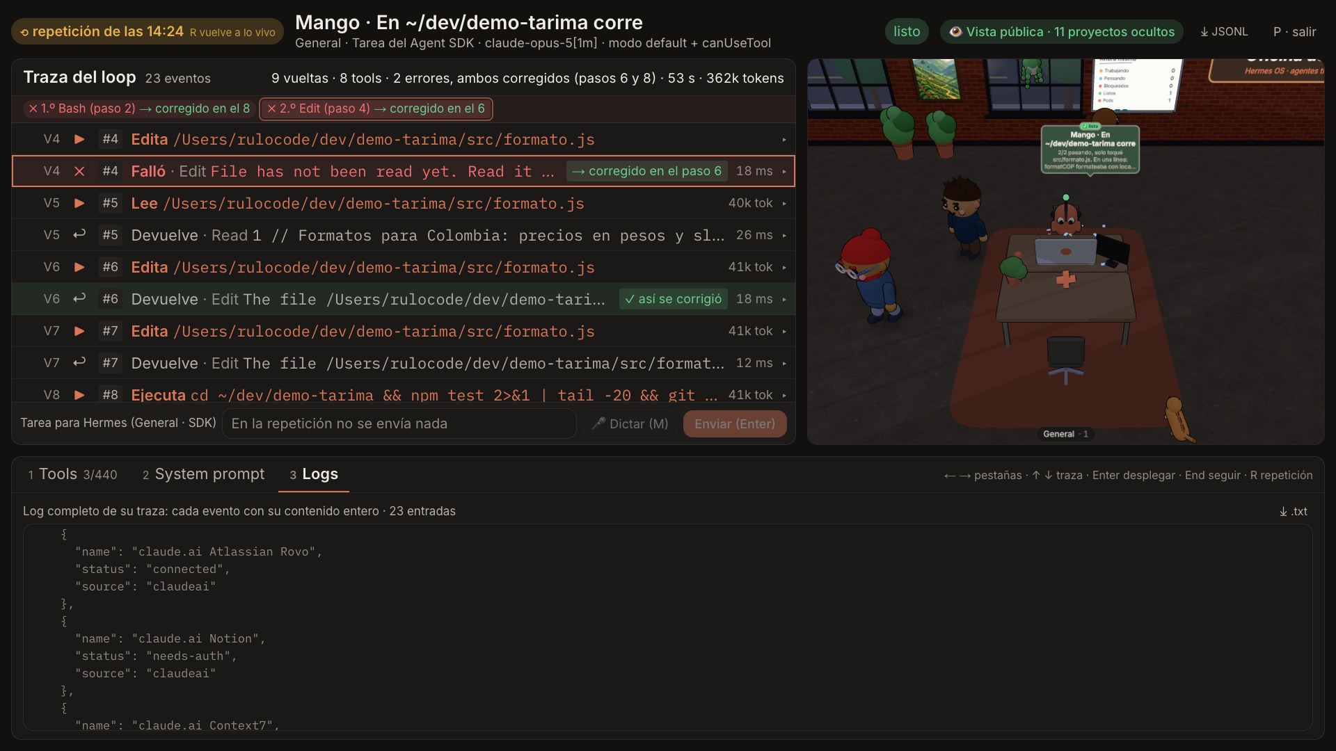 El log completo del agente: cada evento con su contenido entero