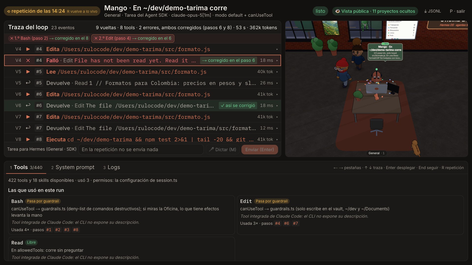 Modo tarima de la Oficina: la traza del loop con dos errores corregidos, el escritorio del agente en 3D y sus tools con su permiso real