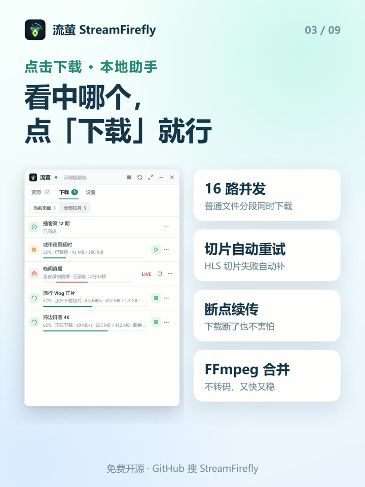 看中哪个，点下载就行：16 路并发、切片自动重试、断点续传、FFmpeg 合并
