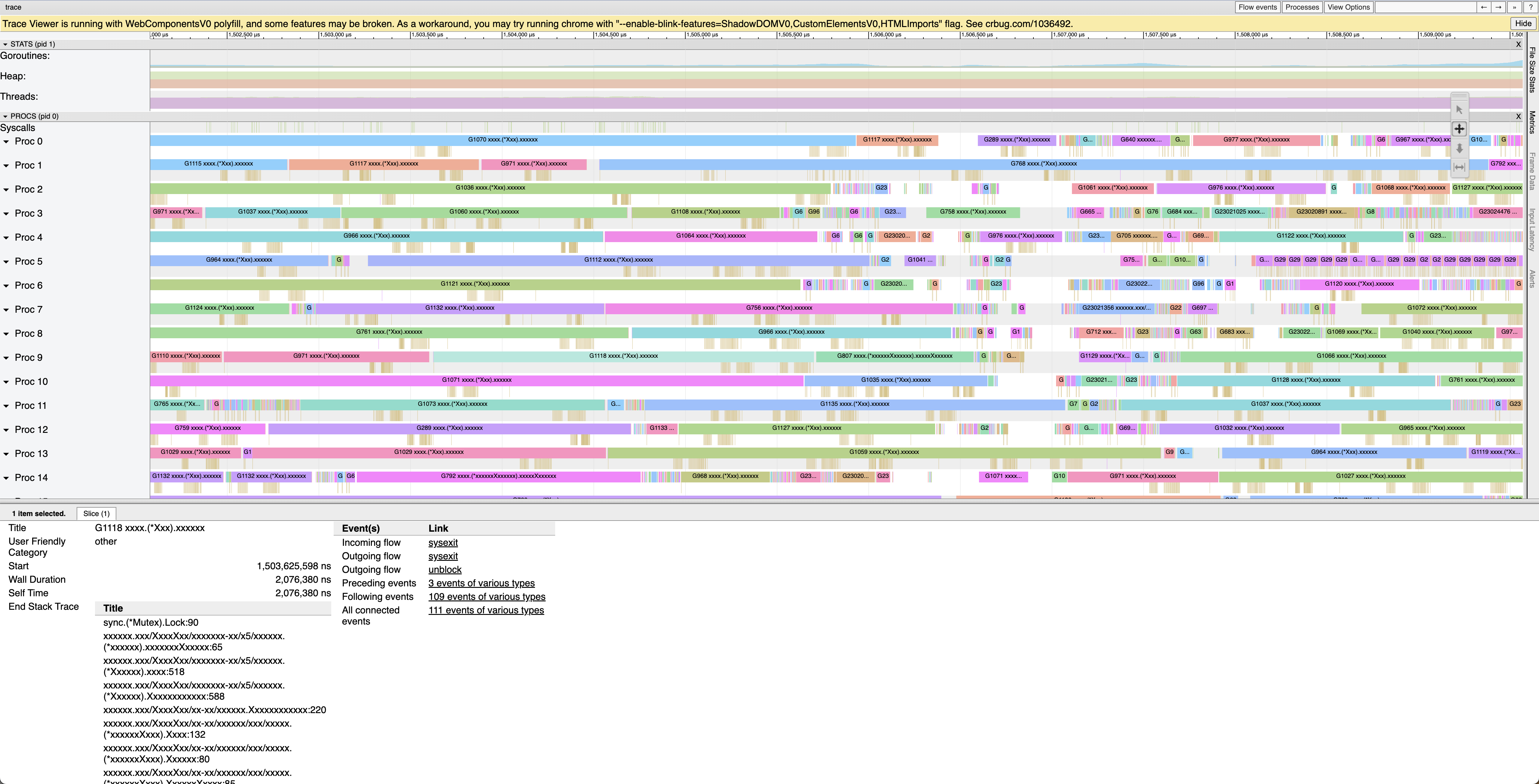 screenshot of go tool trace showing an anonymized trace