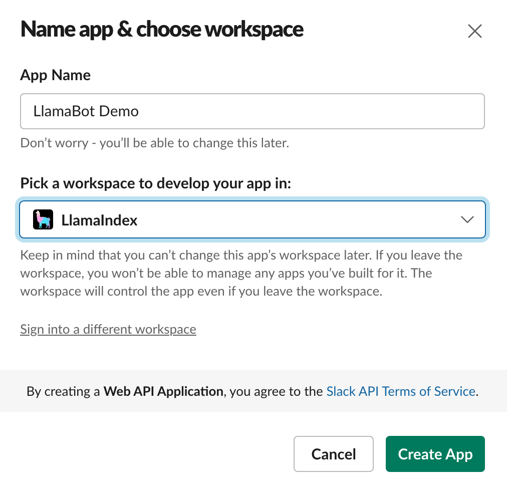 Name app and choose workspace
