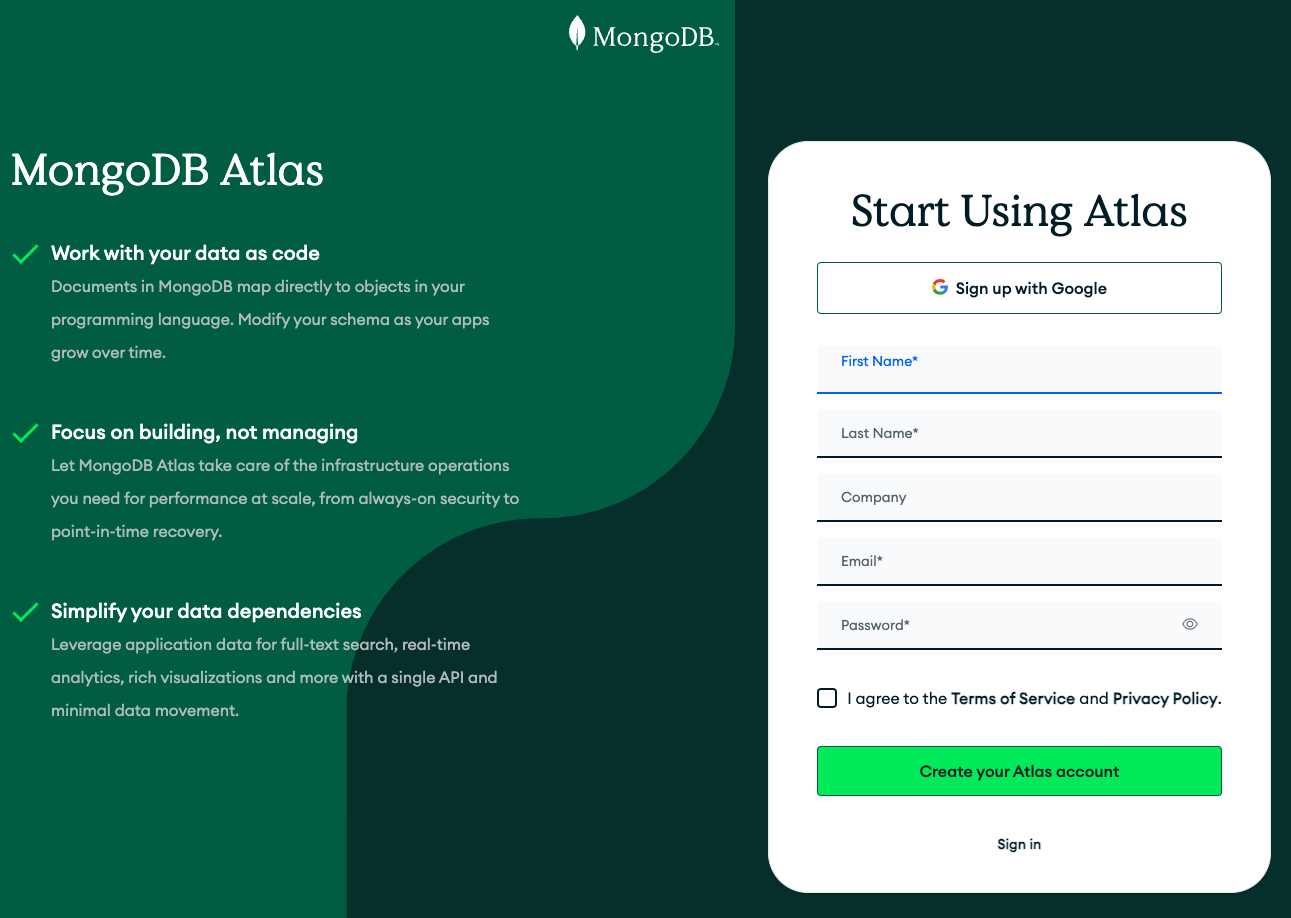 MongoDB Atlas signup