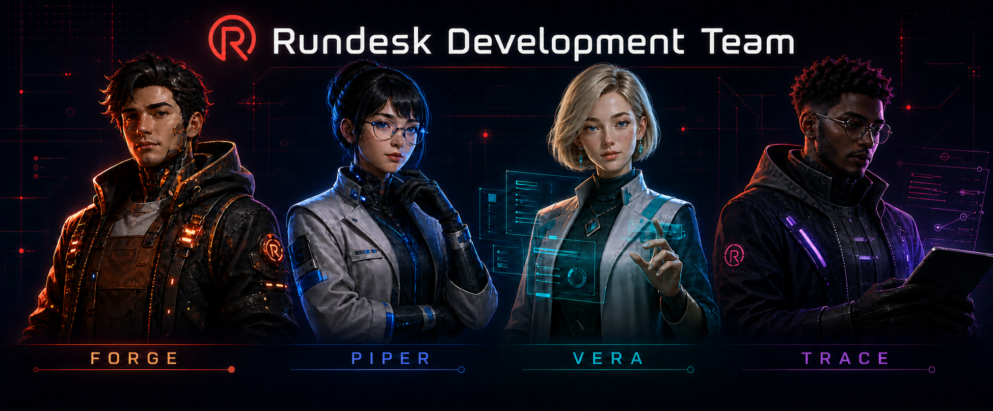 Rundesk Development Team — Forge, Piper, Vera, and Trace.