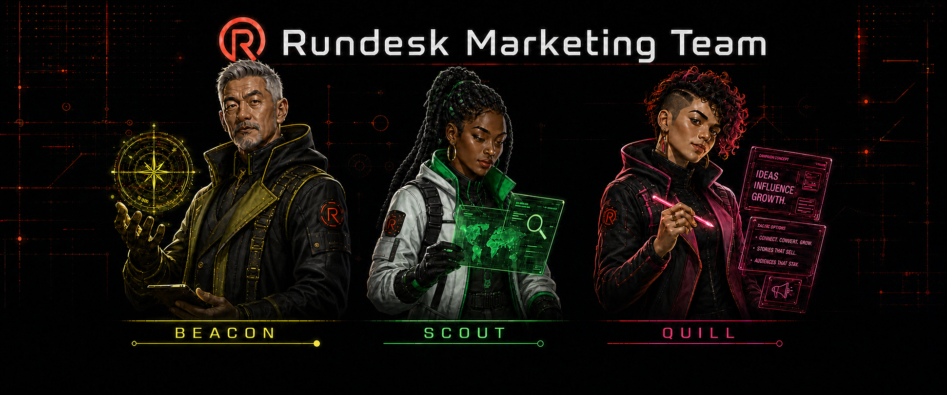 Rundesk Marketing Team — Beacon, Scout, and Quill.