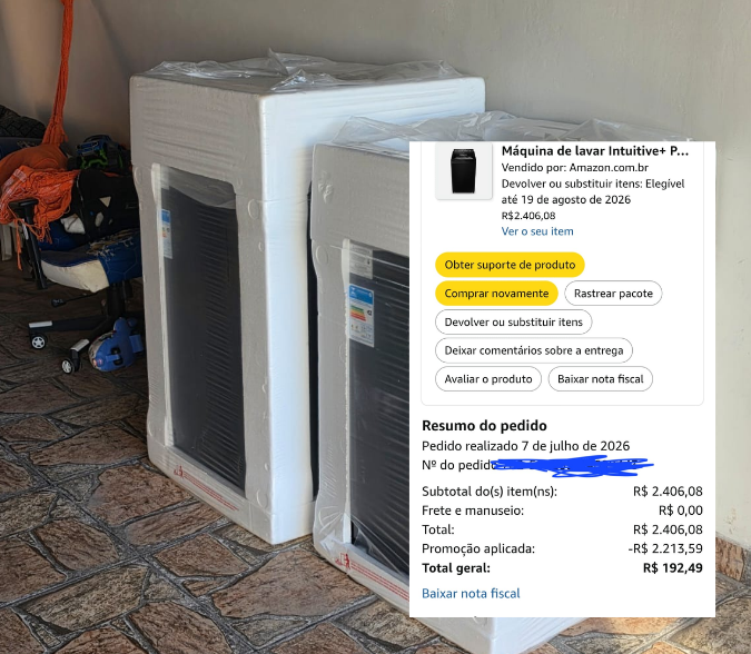 Comprovante de compra de máquina de lavar por R$ 192,49