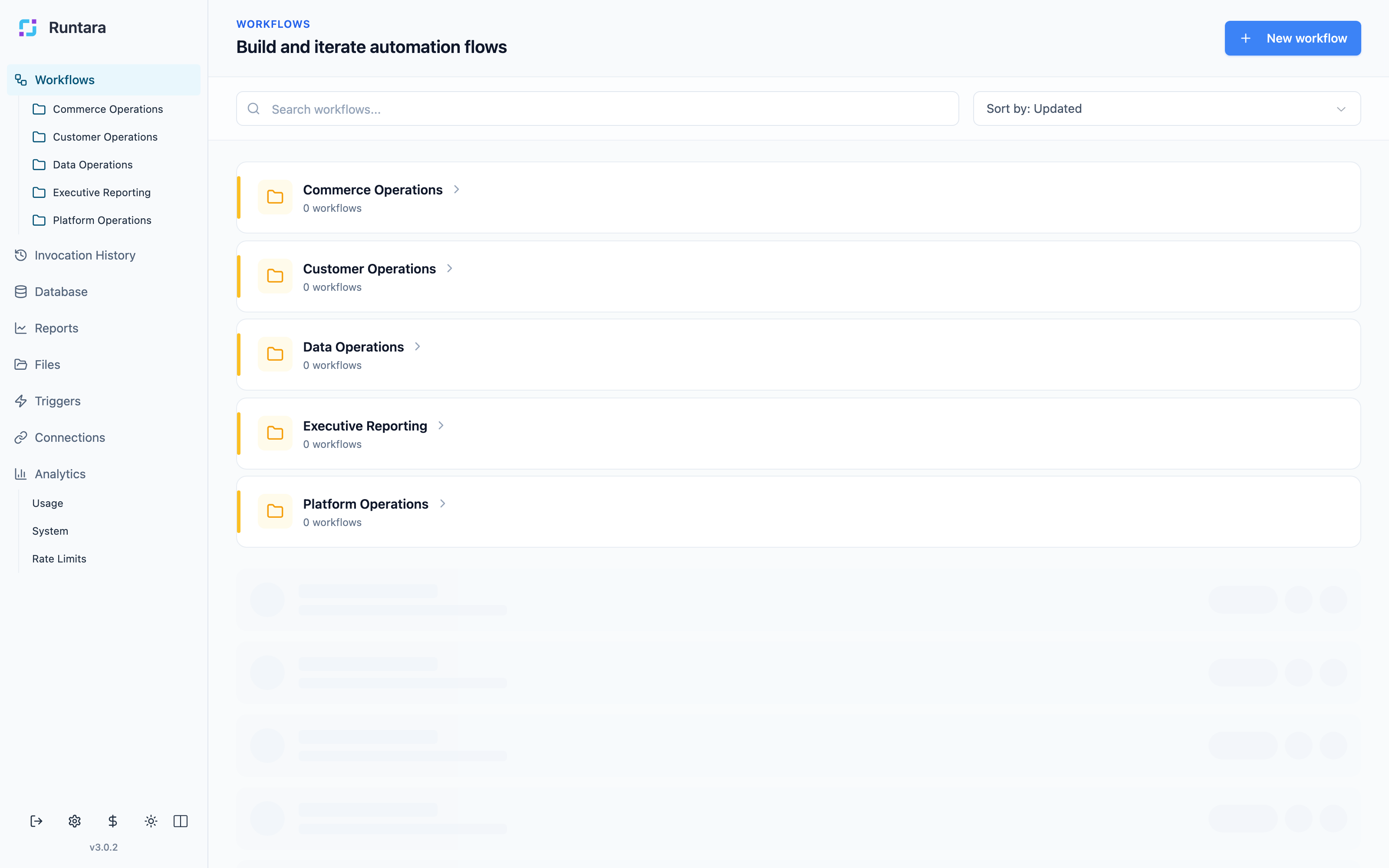Runtara workflow workspace organized by business area