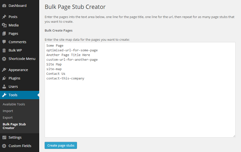 The main bulk page stub creator admin page