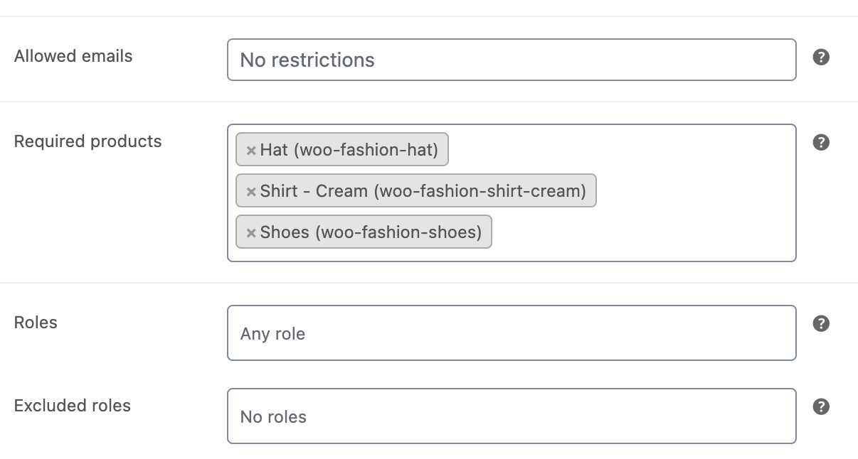 Coupon settings page with required products field