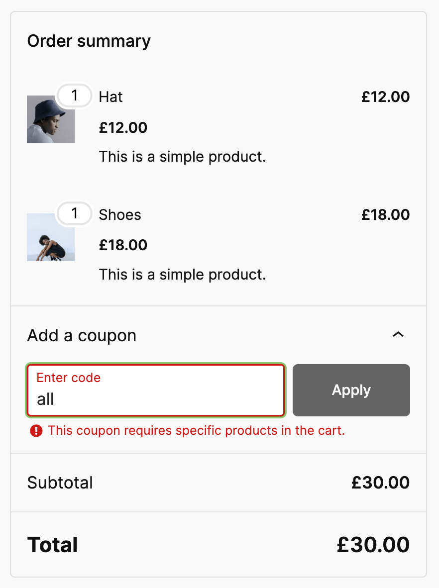 Example denied coupon usage due to missing required products
