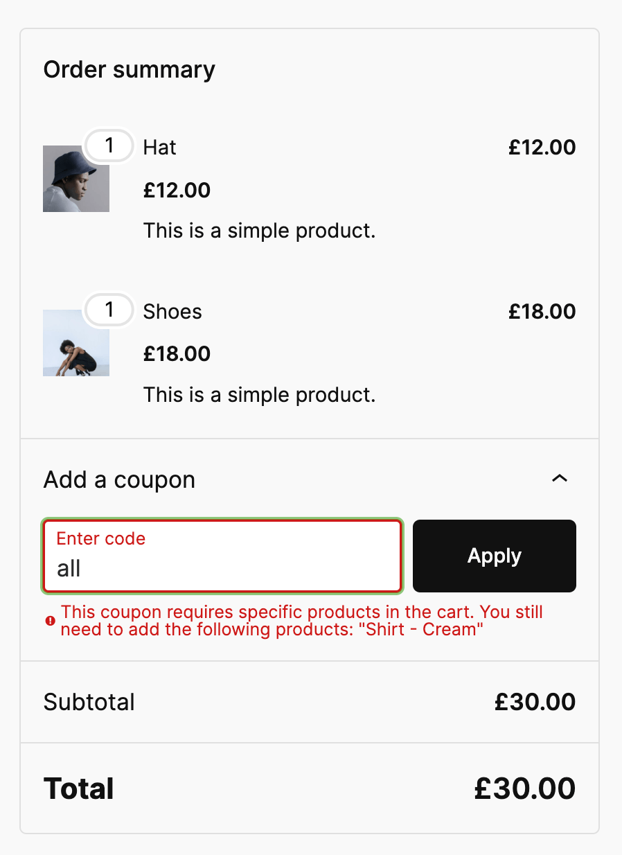 Example denied coupon usage due to missing required products