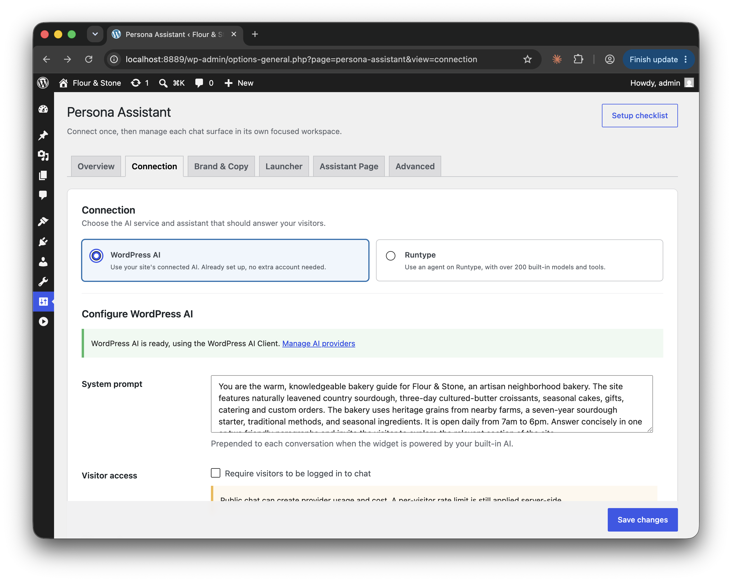 Connection workspace: choose WordPress AI or Runtype