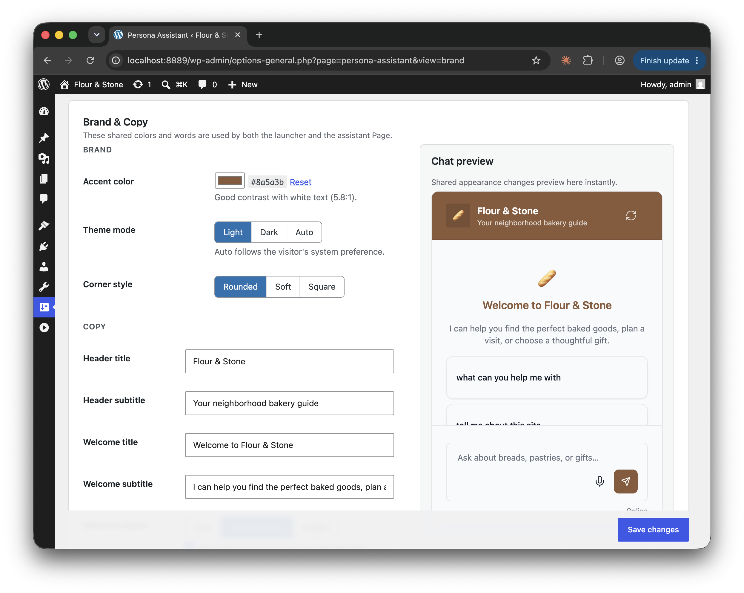 Brand & Copy workspace with a live chat preview