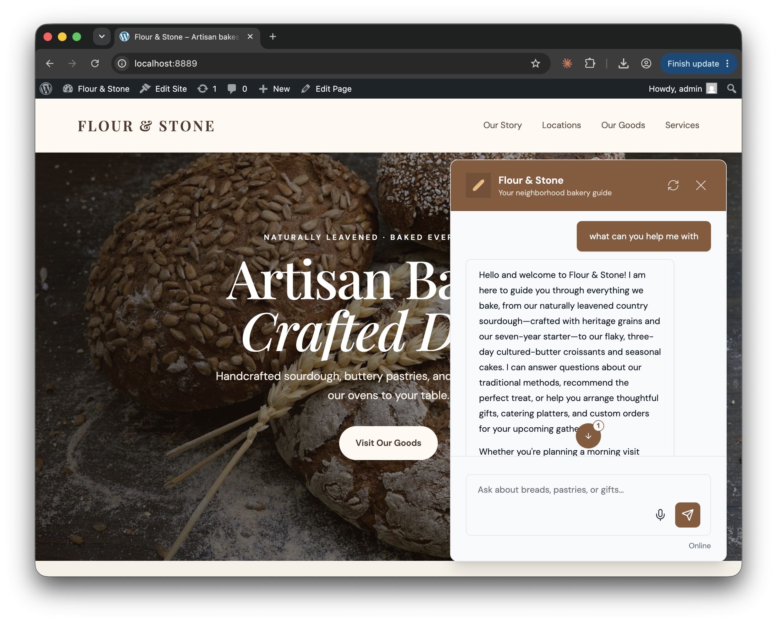Pill launcher chat on a WordPress site