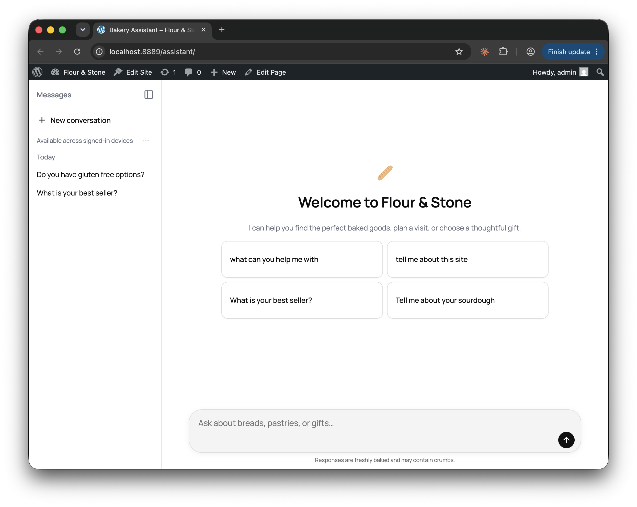 Full-screen assistant Page on a WordPress site