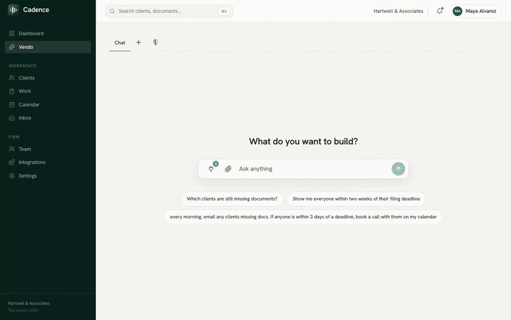 A Cadence user asks for a morning document-chase automation and turns it on with per-tool approvals