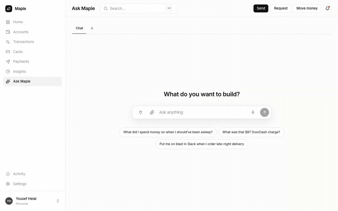 A Maple customer asks where their money went and the agent composes a live spending view