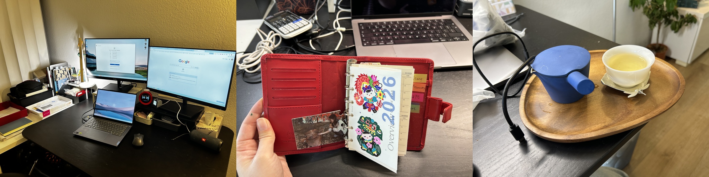 工作日常:三屏工作站、手账和茶