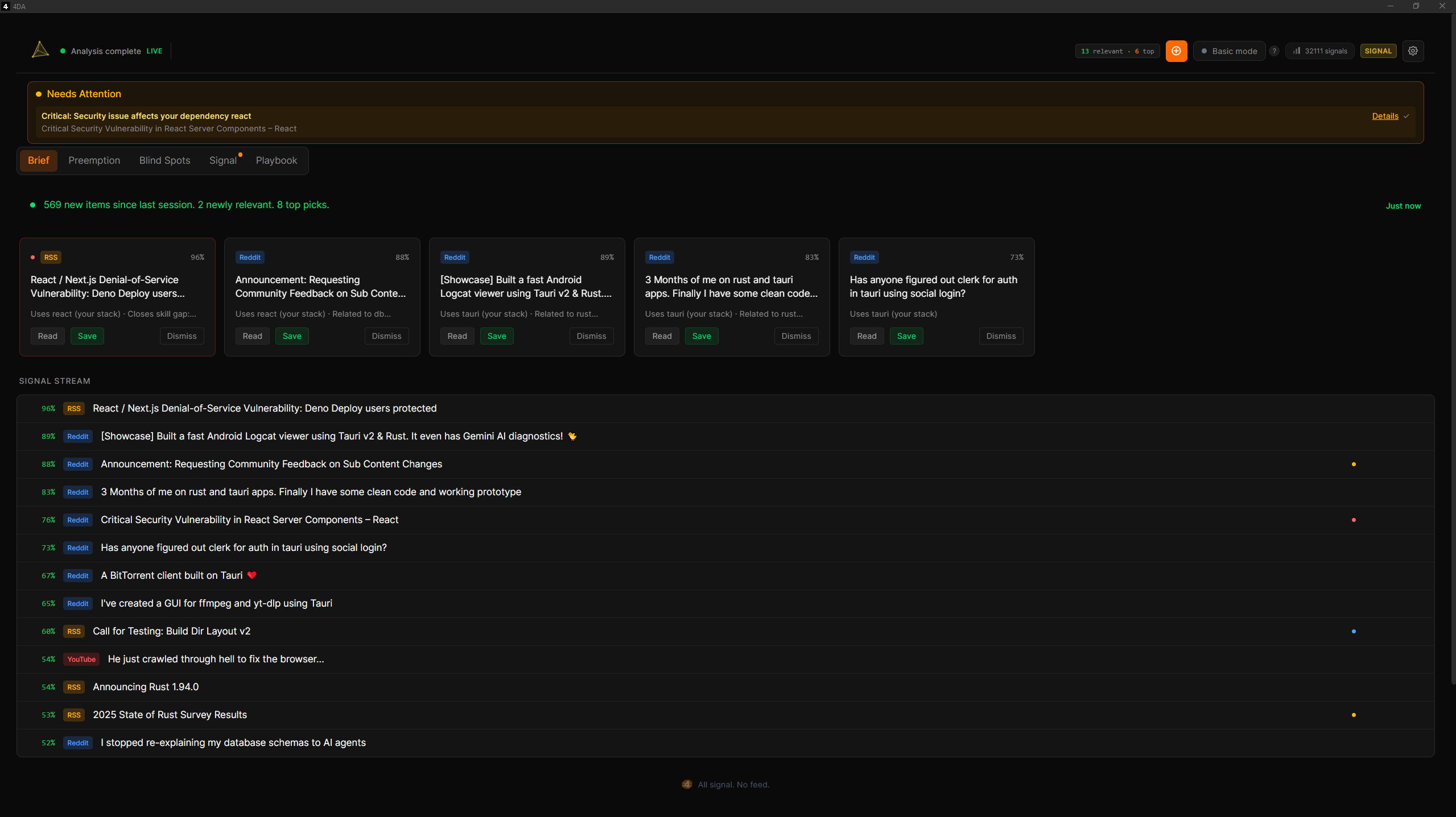 4DA Brief tab — top picks and live signal stream scored against your stack