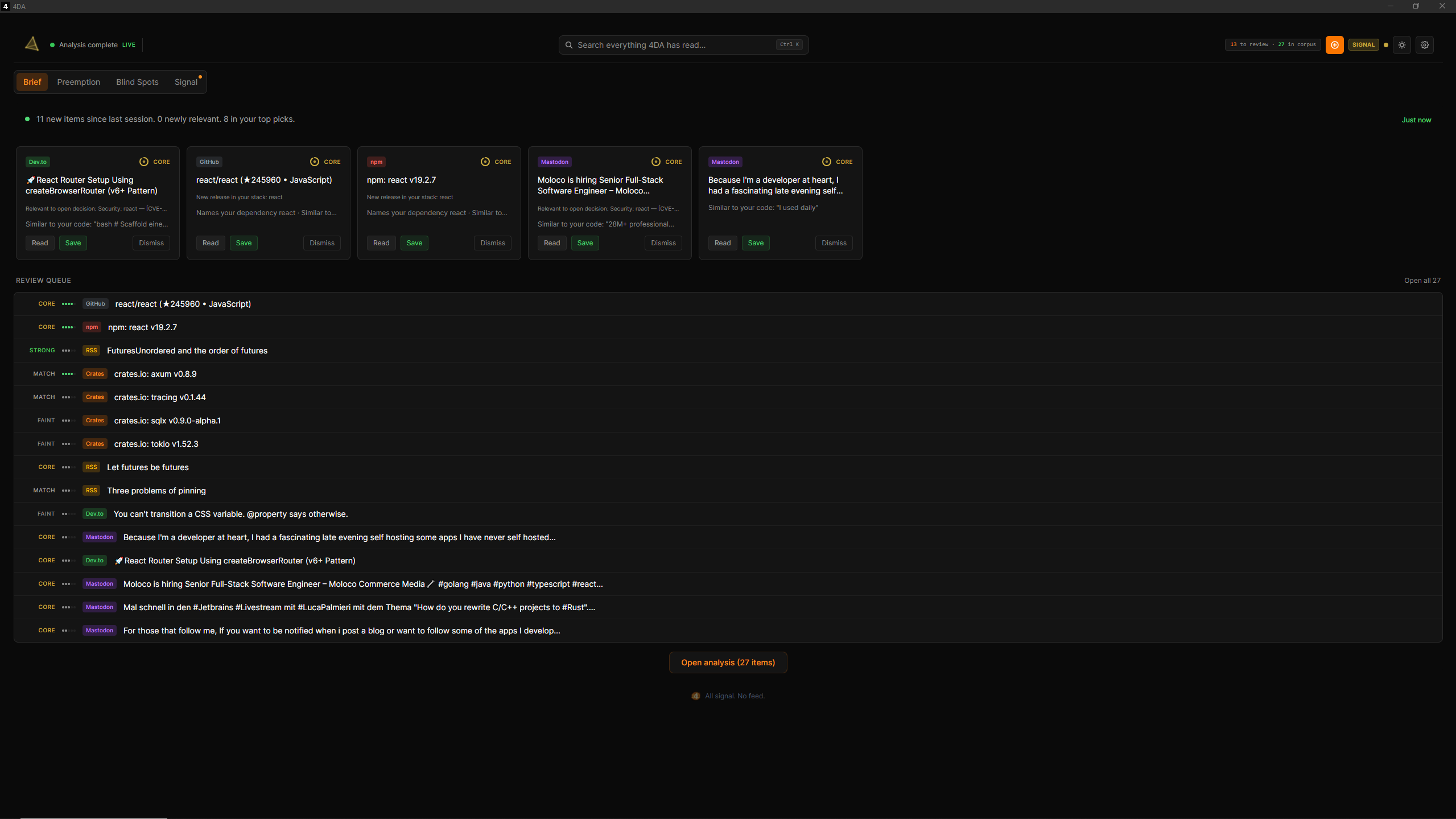 4DA Brief tab — top picks and live signal stream scored against your stack