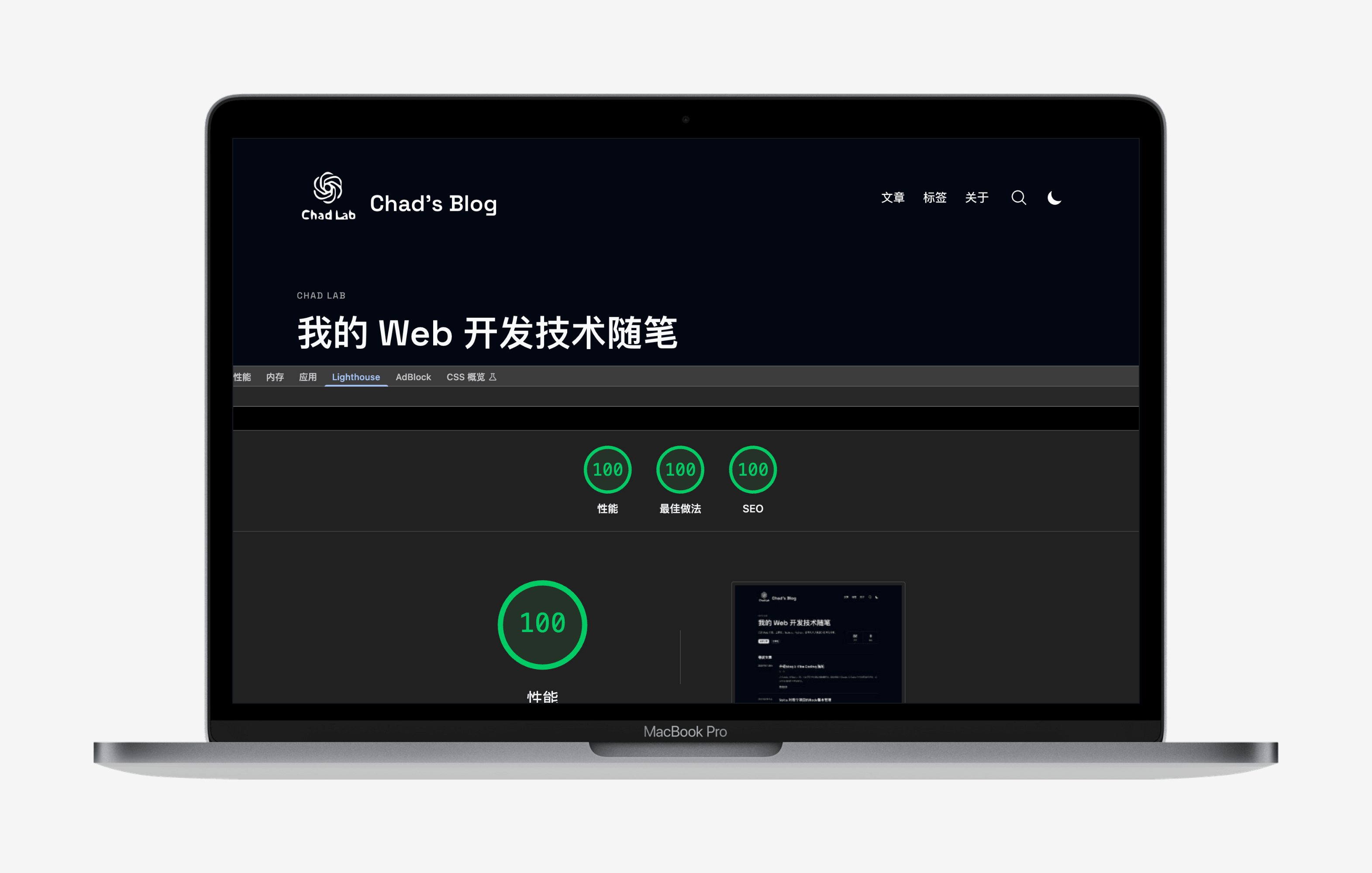 Skyplume 博客模板 Lighthouse 测试截图，Performance、Best Practices 和 SEO 三项均为 100 分