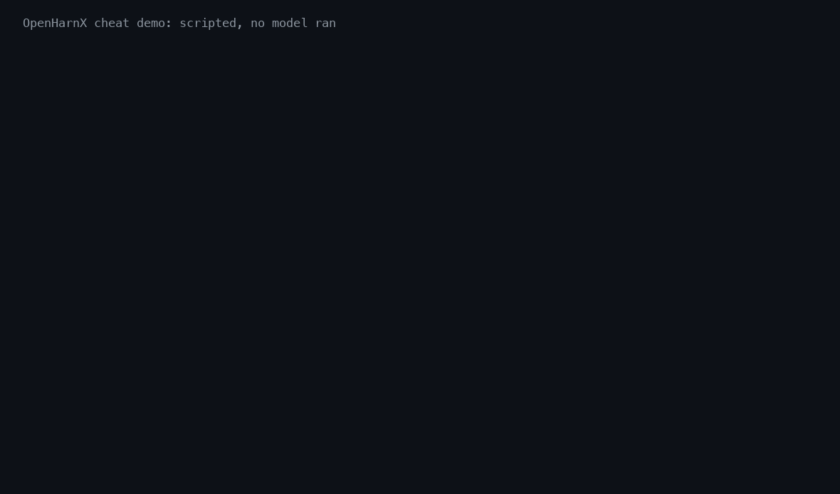 Scripted demo: an agent rewrites one test and skips another, plain pytest passes, OpenHarnX says BLOCKED; the genuine fix passes and the review brief shows what is left to decide