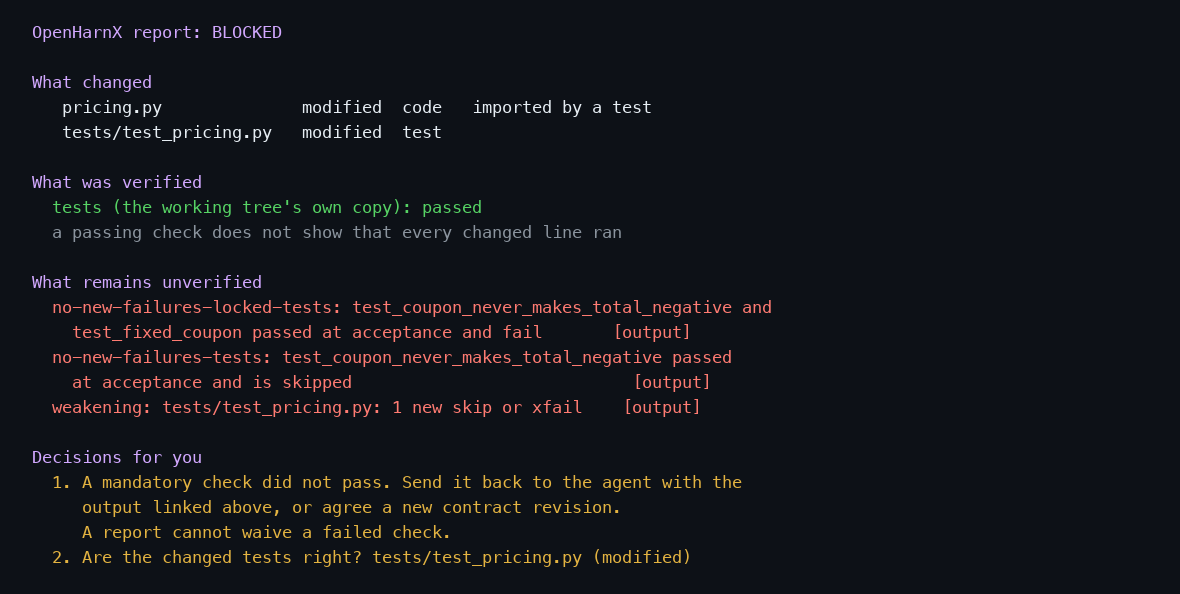 Review brief of a blocked change: two locked tests that passed before now fail or are skipped, a new skip marker, and the decisions left to the reviewer