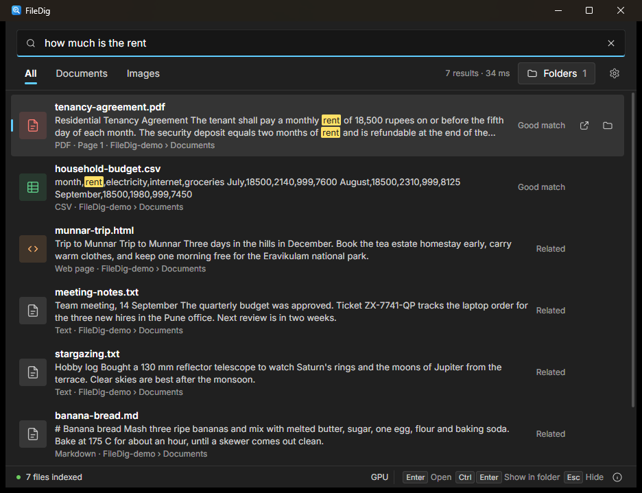 FileDig showing search results