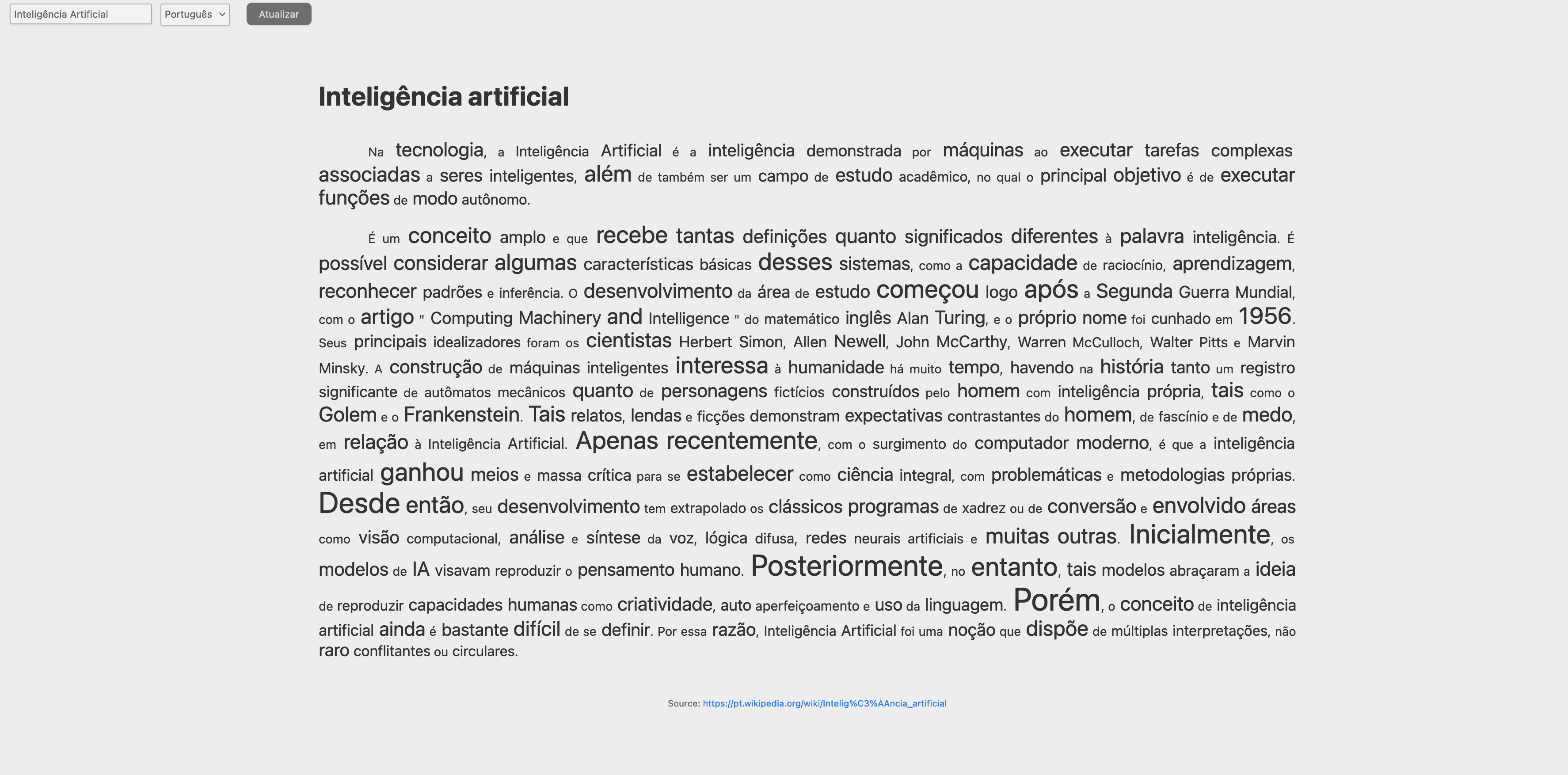 Exemplo de sumarização de um texto em português.