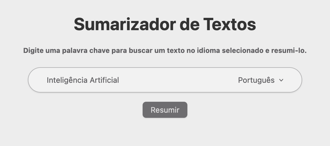 Página inicial para selecionar a palavra chave para pesquisar um texto e idioma a ser utilizado.
