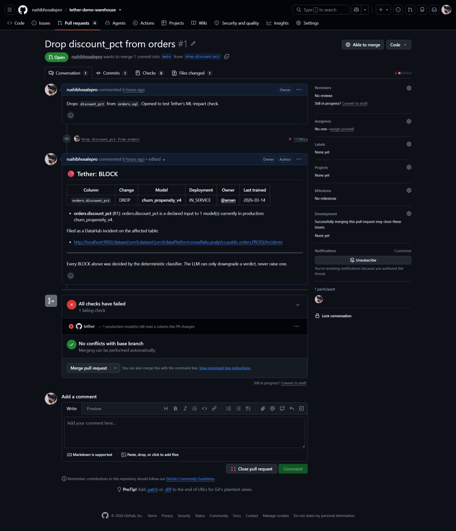 A pull request blocked by Tether: the comment names churn_propensity_v4, its owner @aman, and the last training date, and the failing tether check greys out the merge button