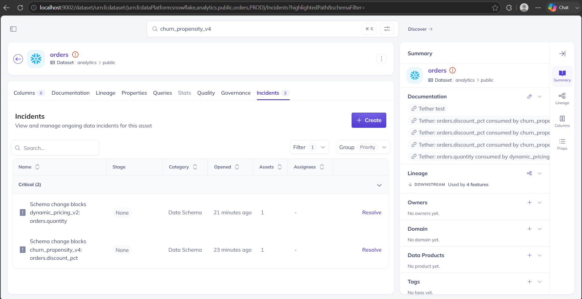 The orders table's Incidents tab in DataHub showing two Critical incidents: Schema change blocks dynamic_pricing_v2 (orders.quantity) and Schema change blocks churn_propensity_v4 (orders.discount_pct)
