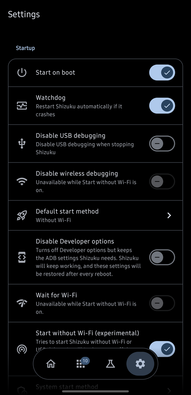 Settings screen