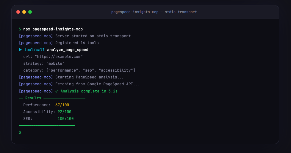 PageSpeed MCP terminal demo