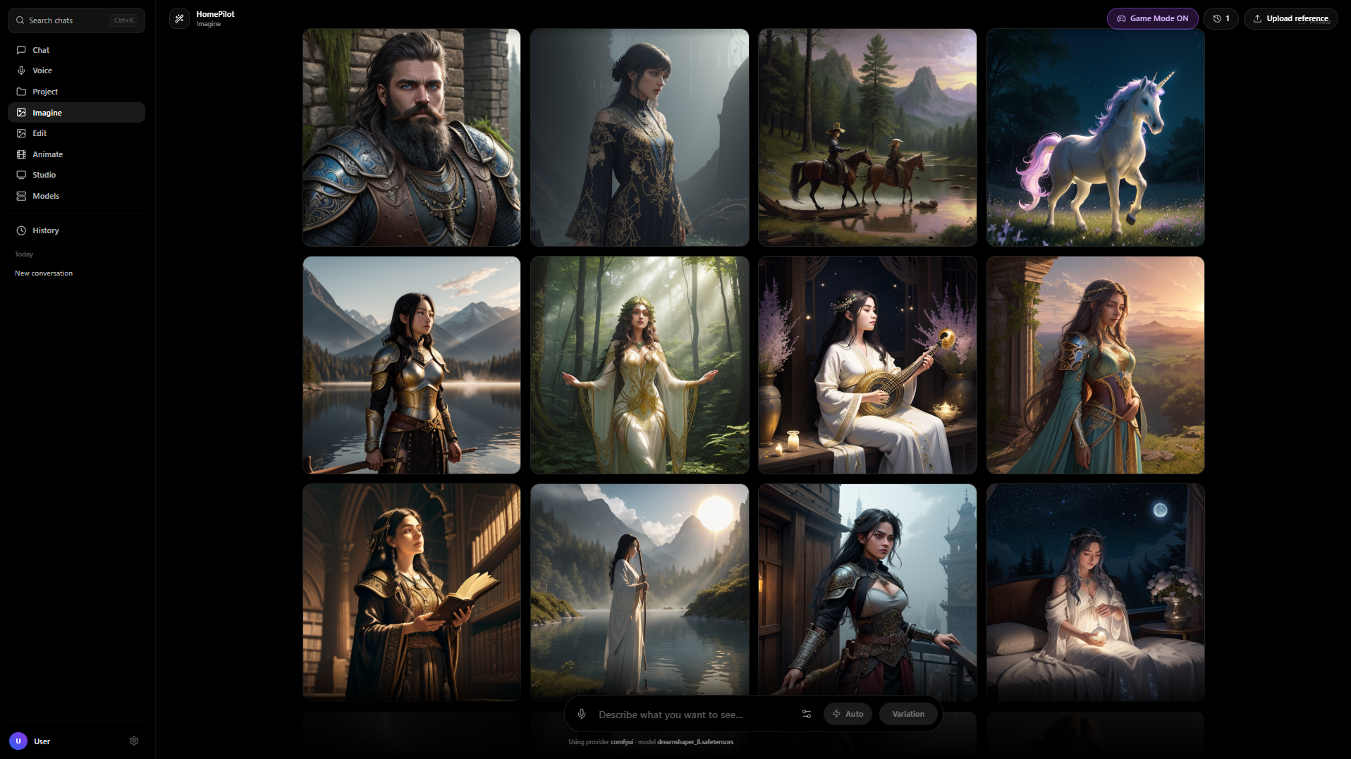 HomePilot interface showing AI characters and creative tools