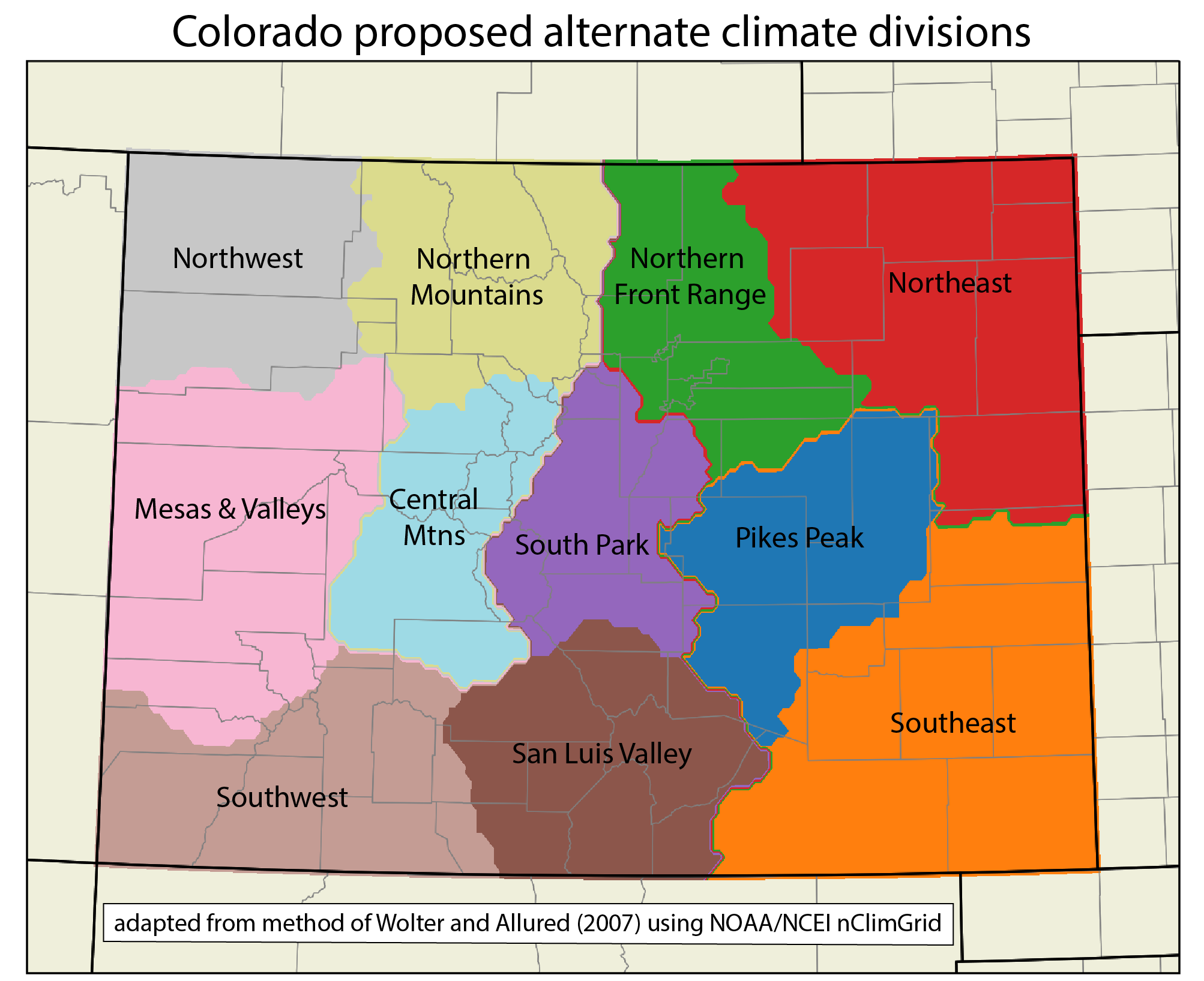 Map of alternate climate divisions for Colorado