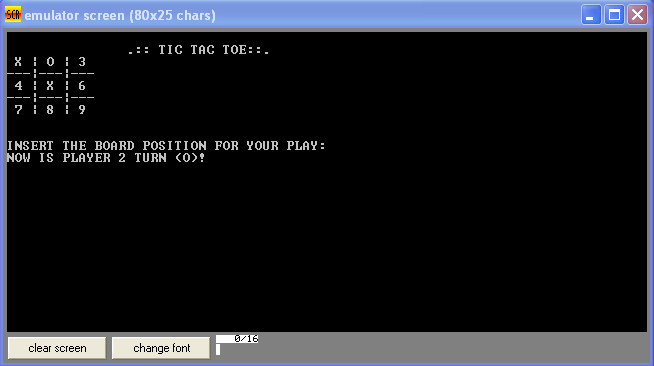 Screenshot of TicTacToe running in emu8086 terminal