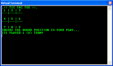 Screenshot of TicTacToe running in a simulated computer terminal