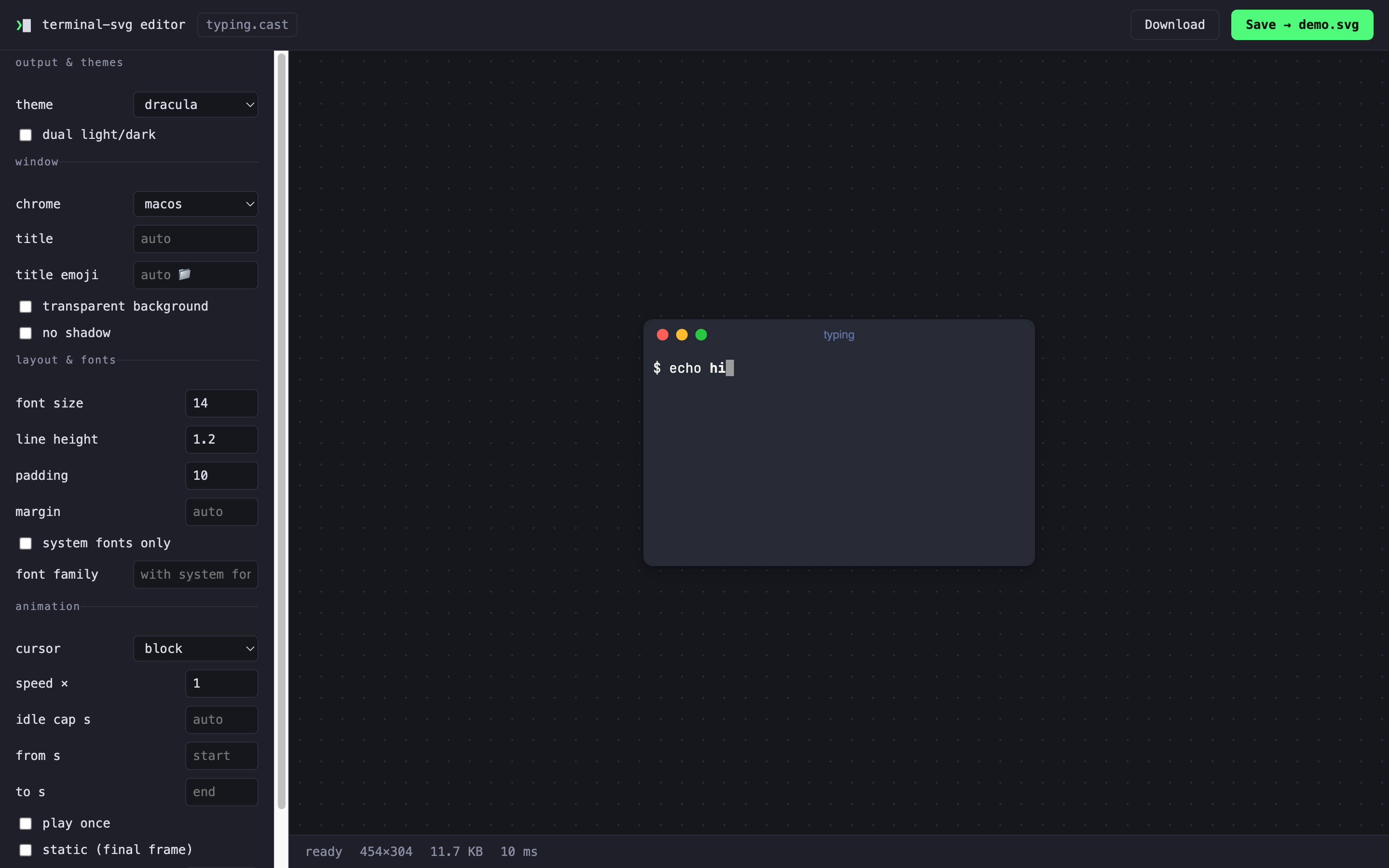 The visual editor: controls for every render option on the left, live preview on the right