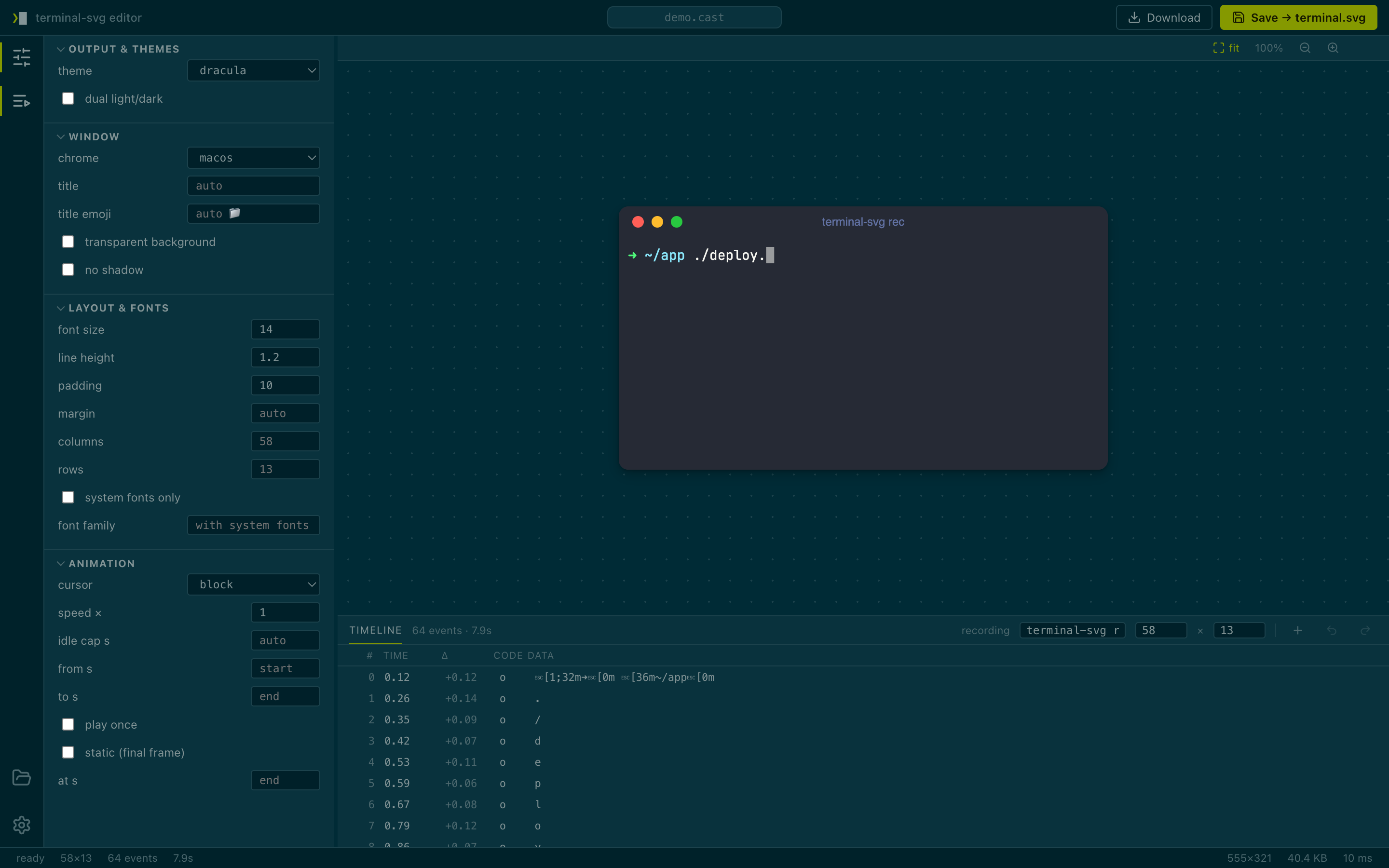 The editor as an IDE: activity bar, themed chrome, live preview with zoom, and the timeline panel editing the recording's events