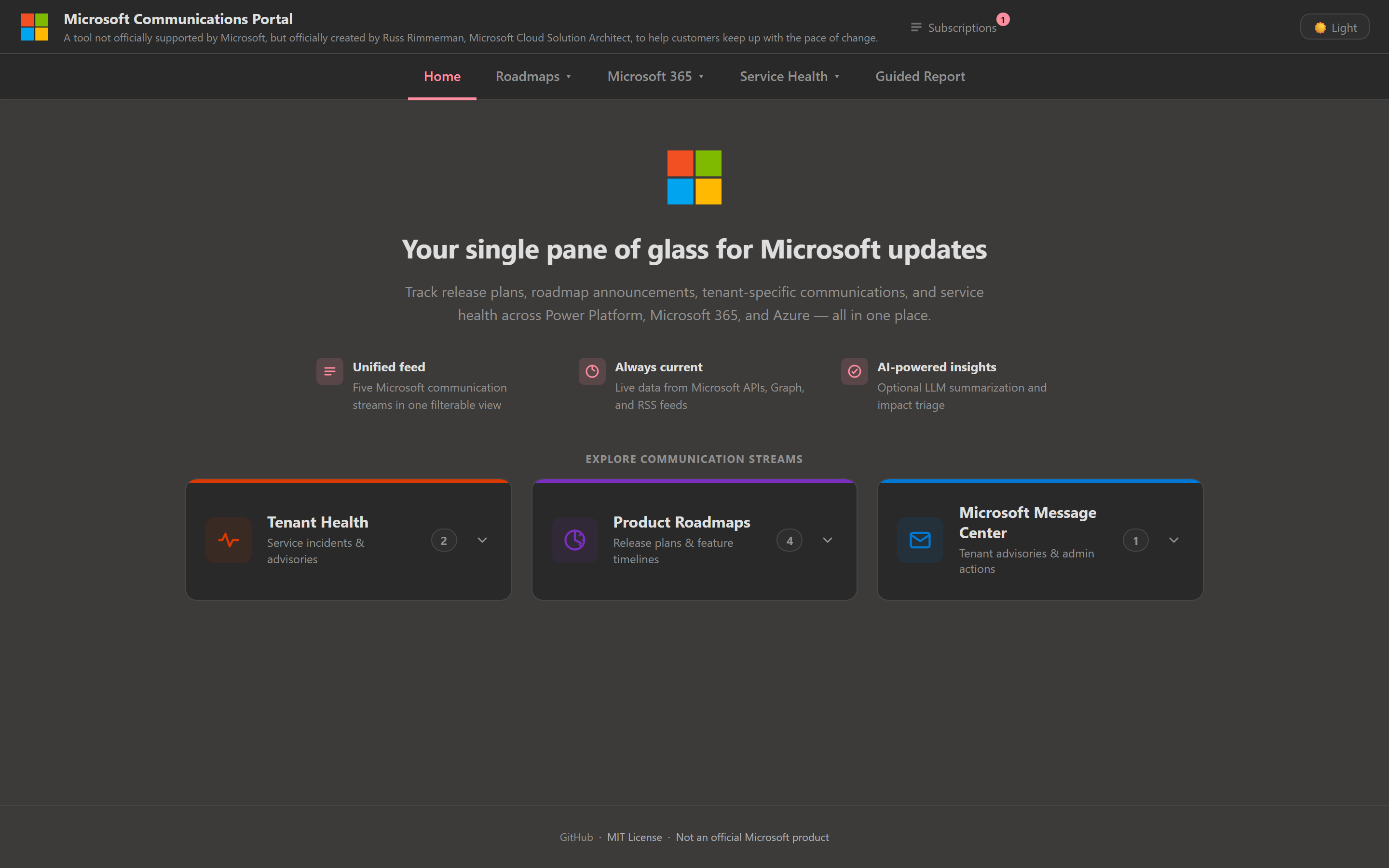 Microsoft Communications Portal home dashboard