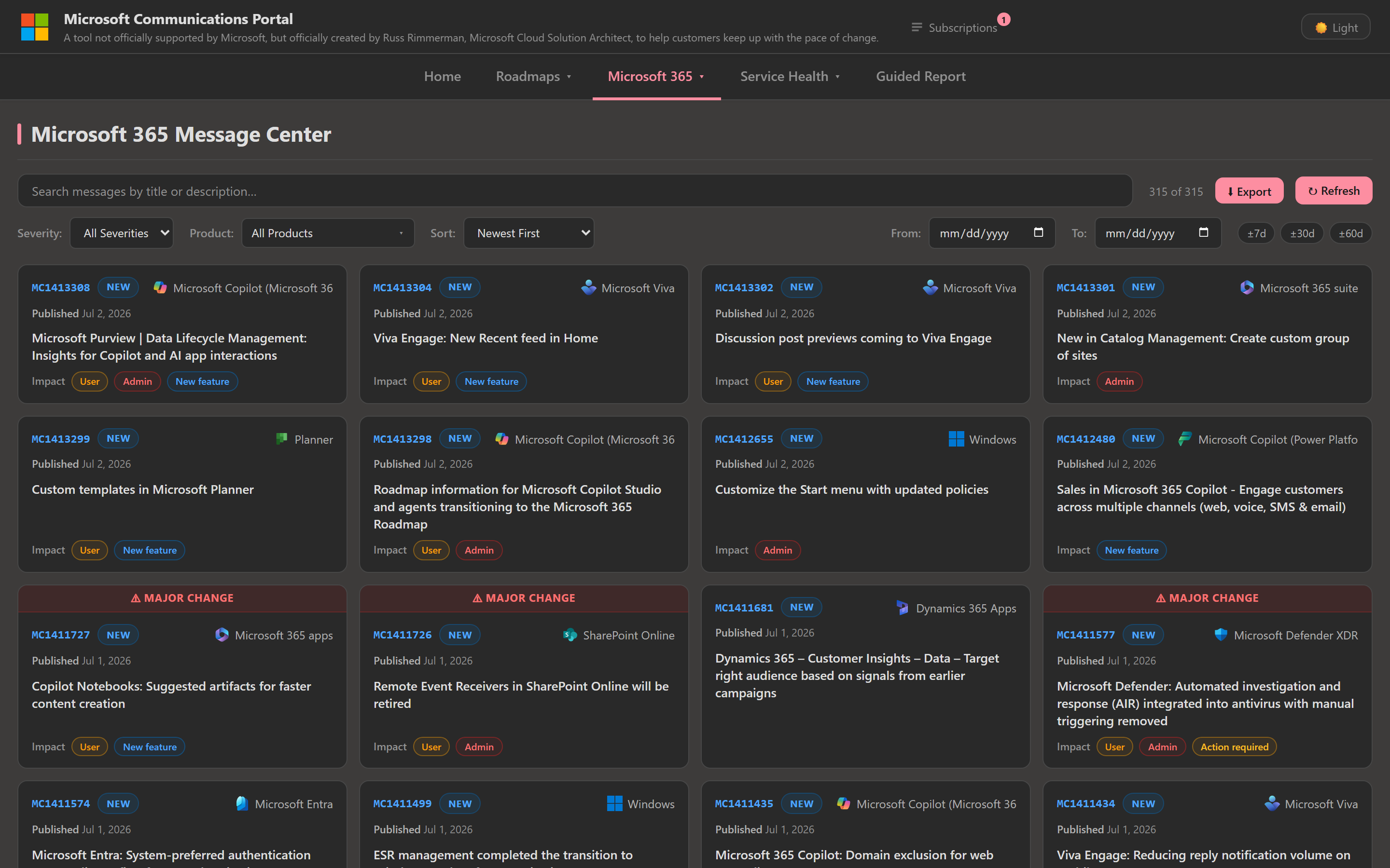 Microsoft 365 Message Center view