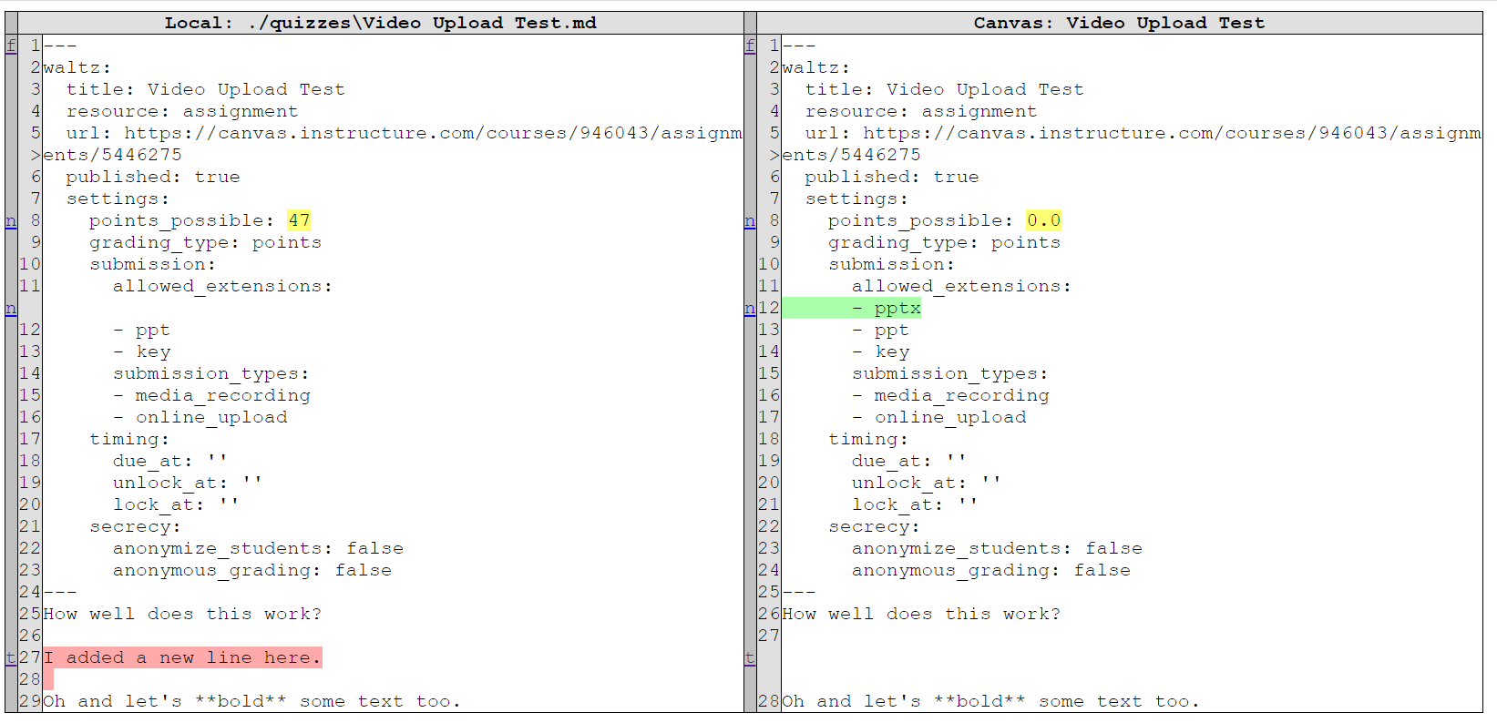 Screenshot showing web-based output of the Waltz Diff command, with the local version of a file on the left and the remote version on the right. Changes are highlighted using red, green, and yellow highlighting.