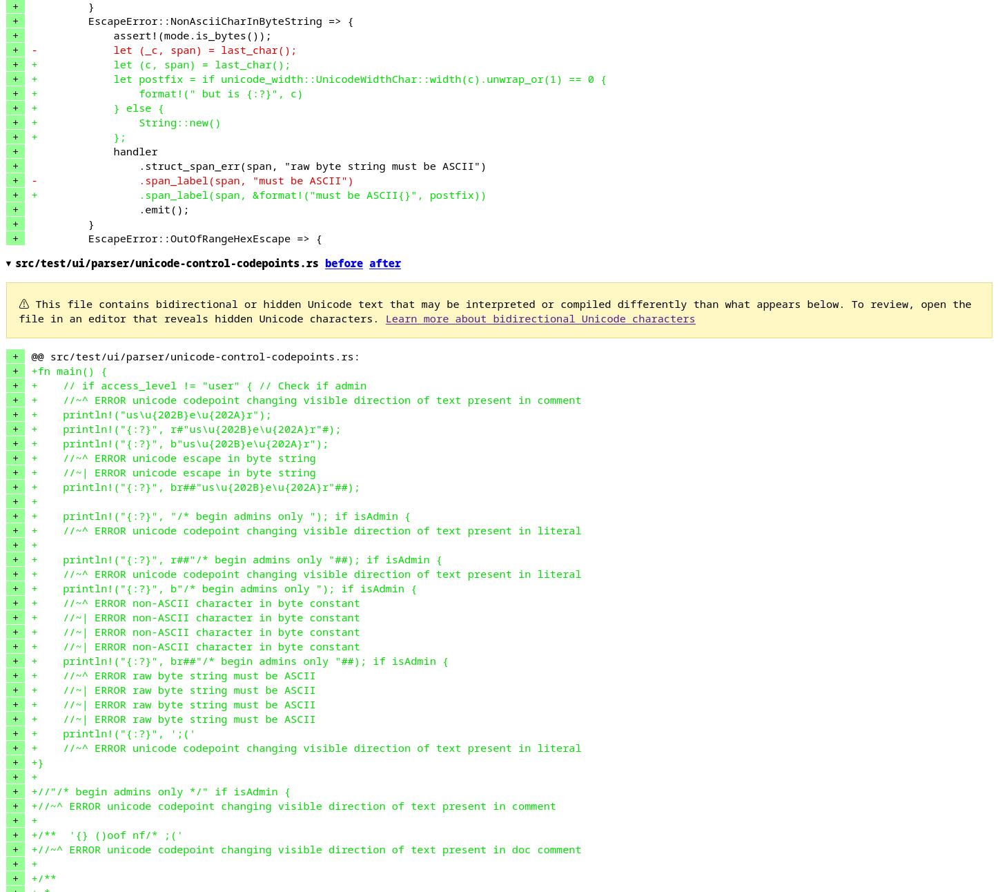 Range-diff warning that a file contains bidirectional or hidden Unicode text