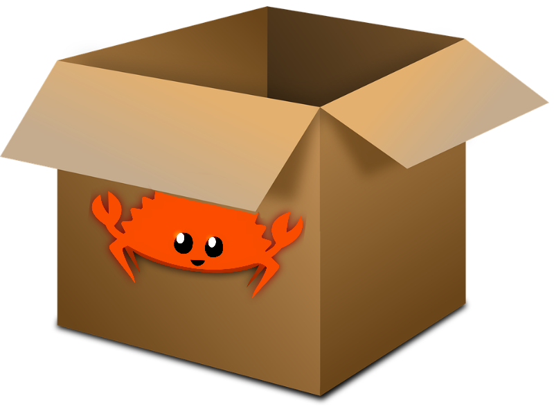 in-a-box logo, showing a crab printed on the side of a cardboard box