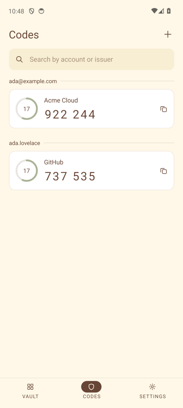 Codes tab with live one-time codes and countdown rings