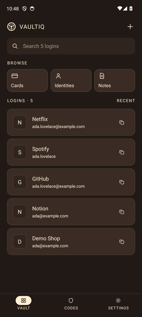 Vault home in dark theme